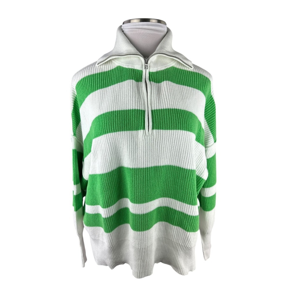 Aerie Green White Striped Beyond Quarter Zip Sweater Preppy Rugby Nautical Large - Picture 13 of 16